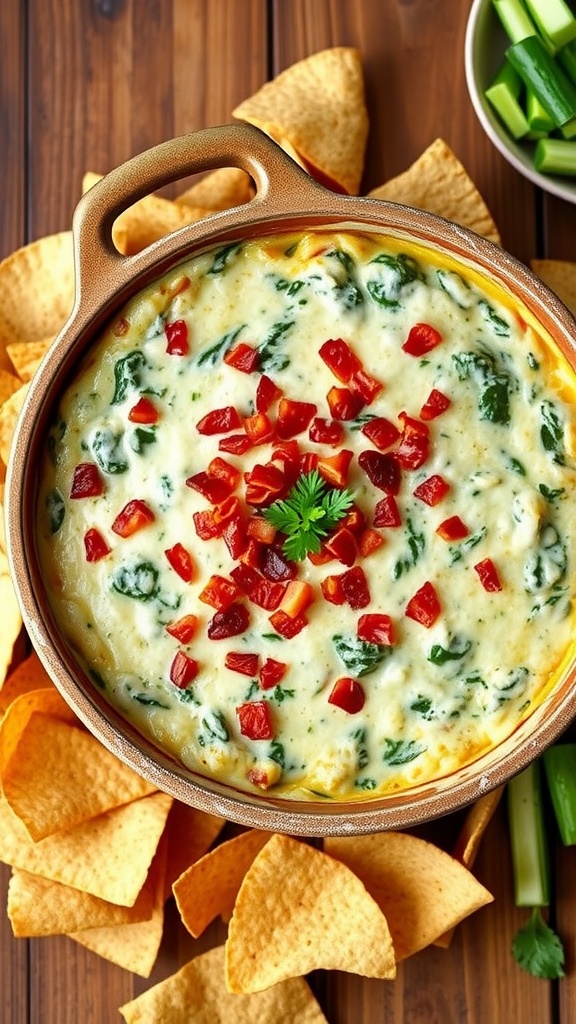 Bacon and spinach dip in a baking dish with chips and veggies on a rustic table.
